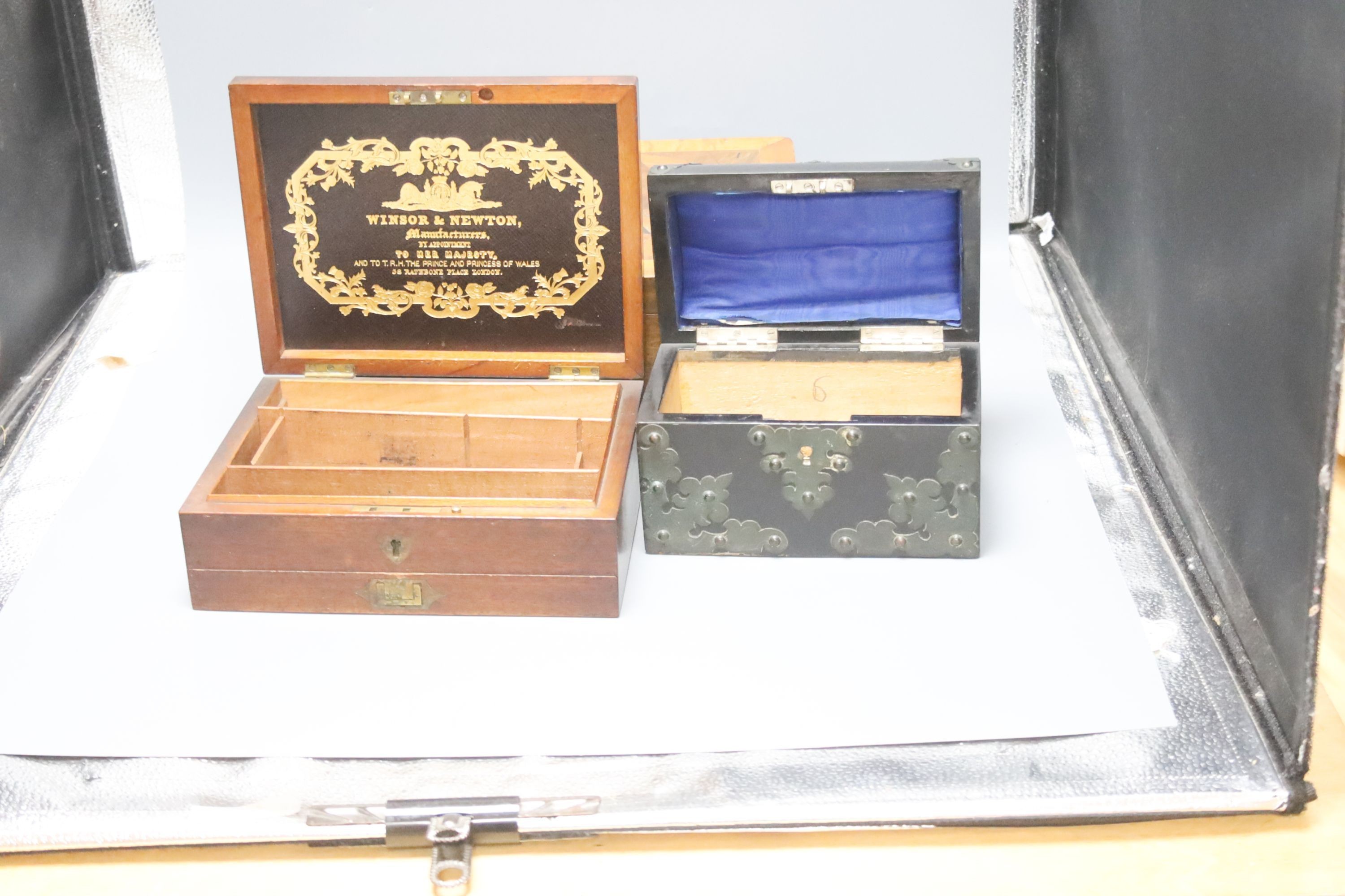 Three Victorian boxes including a Windsor and Newton artist's box, 24cm